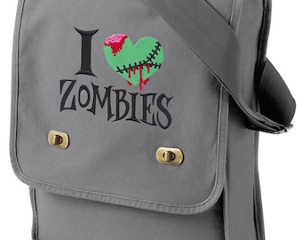 Borsa Zombies, Borsa Messenger Walking Dead, Borsa da campo in tela ricamata I Heart Zombies