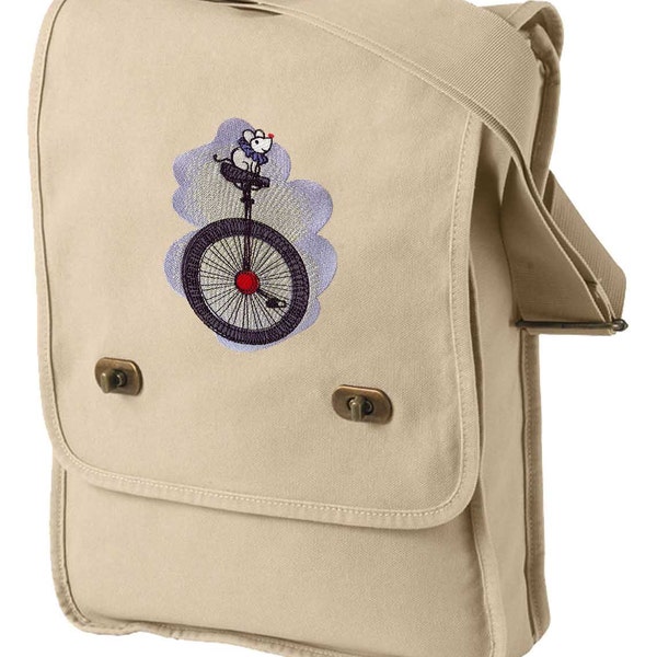 Cute Circus Mouse Riding Unicycle Embroidered Canvas Field Bag