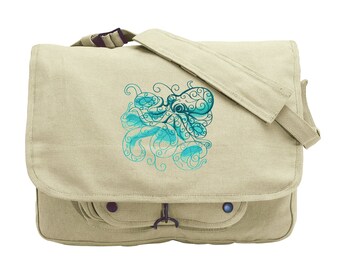 Bolso bandolera de lona con bordado de pulpo en color Aqua Marine