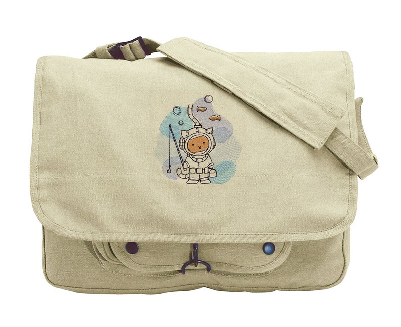 Underwater Kitty Embroidered Canvas Messenger Bag 画像 1