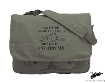 Unsupervised Cat Embroidered Canvas Messenger Bag,  Cat Bag, Funny Cat Bag