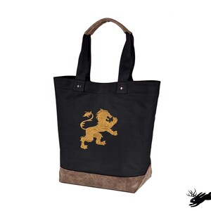 Gilded Heraldry - Lion Embroidered Canvas Tote with Vegan Leather Accents