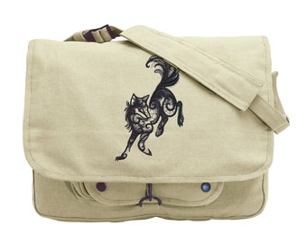 Swirling Wolf Bag, Wolf Messenger Bag, Wolf Canvas Bag, Dark Creatures - Wolf Embroidered Canvas Messenger Bag