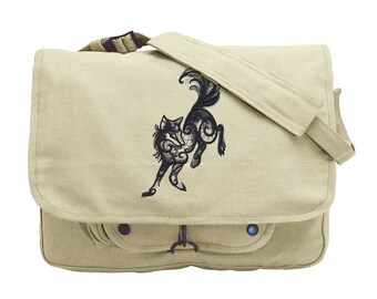 Swirling Wolf Bag, Wolf Messenger Bag, Wolf Canvas Bag, Dark Creatures - Wolf Embroidered Canvas Messenger Bag