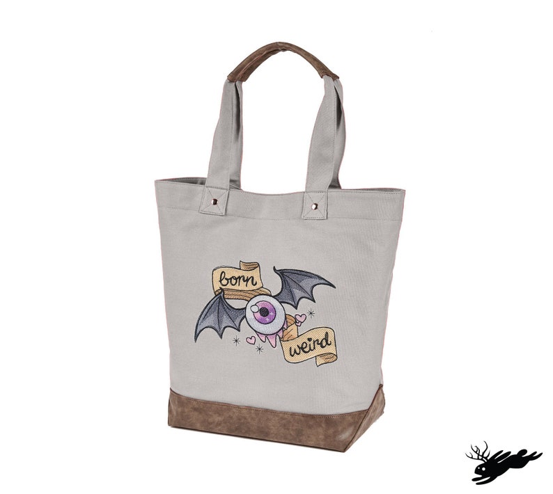 Wicked Cute Born Weird Embroidered Canvas Tote with Vegan Leather Accents