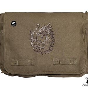 Dragon Bag, Fierce Dragon, Baroque Scrollwork Dragon Embroidered Classic Canvas Messenger Bag