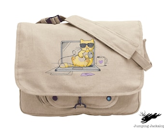 Purr-fectly Cool Co-worker Kitty Embroidered Canvas Messenger Bag,  Cat Bag, Work Cat Bag