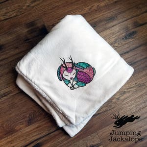 Jackalope Heart Embroidered Fleece Micro Mink Sherpa Blanket