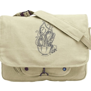 Engraved Tentacle Tea, Octopus Embroidered Canvas Messenger Bag