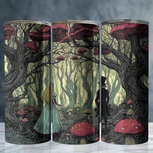 Whispers in Wonderland Tumbler – Alice & Hatter in Mushroom Grove | 20oz Sublimated Fantasy Cup