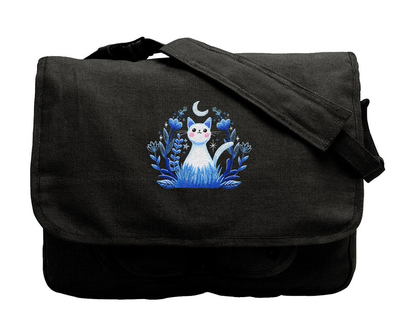 Moonlight Garden Kitty, Cat Design Bag Embroidered Canvas Messenger Bag 画像 1