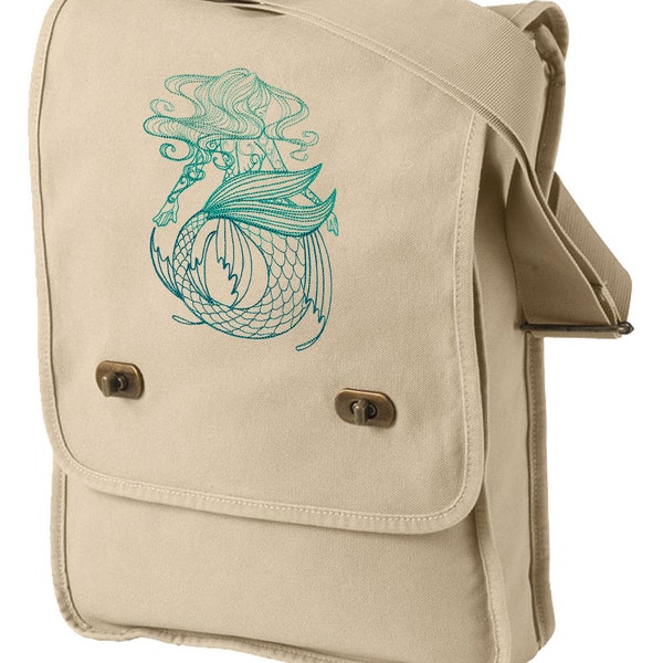 Mermaid Bag, Mermaid Messenger Bag, Mermaid Field Bagm Maiden of the Ocean Embroidered Canvas Field Bag