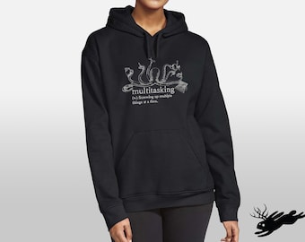 Multitasking Octopus Embroidered Hoodie, Funny Pull Over Sweatshirt, Octopus Black Text Hoodie