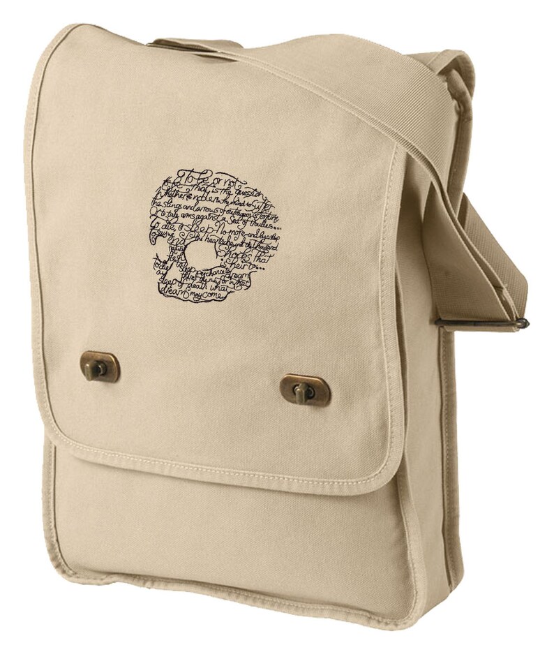 To Be or Not to Be Shakespeare Skull Head Canvas Embroidered Field Bag