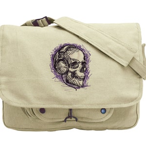 Skull Canvas Messenger Bag, Rockin' Skull Embroidered Canvas Messenger Bag