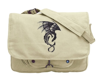 Dark Creatures - Dragon Embroidered Canvas Messenger Bag