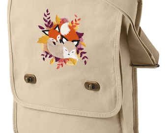 Cuddle Foxes Embroidered Canvas Field Bag