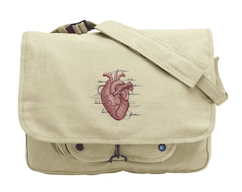 Anatomical Heart Embroidered Canvas Messenger Bag