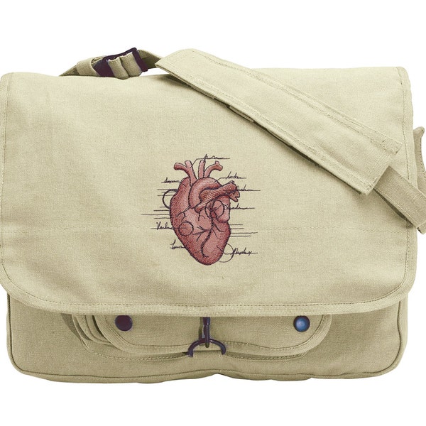 Anatomical Heart Embroidered Canvas Messenger Bag