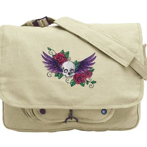 Gothic Flight - Skull Embroidered Canvas Messenger Bag