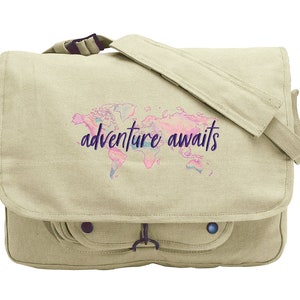La aventura te espera, bolsa de mapas, bolso bandolera de lona con mapa del mundo bordado