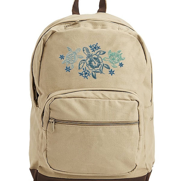 Sea Turtle Bookbag, Surfer Bag, Tropical Travel Bag, Turtle Trio with Flower Shells Embroidered Canvas Backpack with Leather Accents