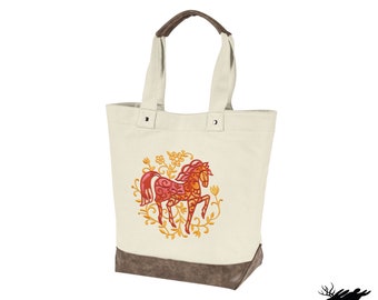 Bohemian Woods - Horse Embroidered Canvas Tote with Vegan Leather Accents
