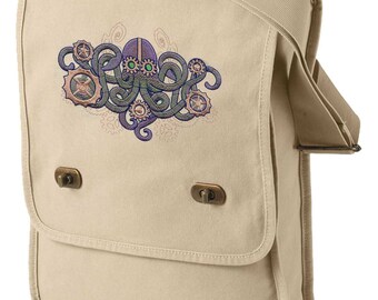 Mechanica Aquatica Steampunk Octopus Embroidered Canvas Field Bag