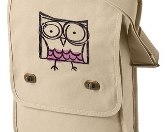 Square Owl Canvas Embroidered Field Bag