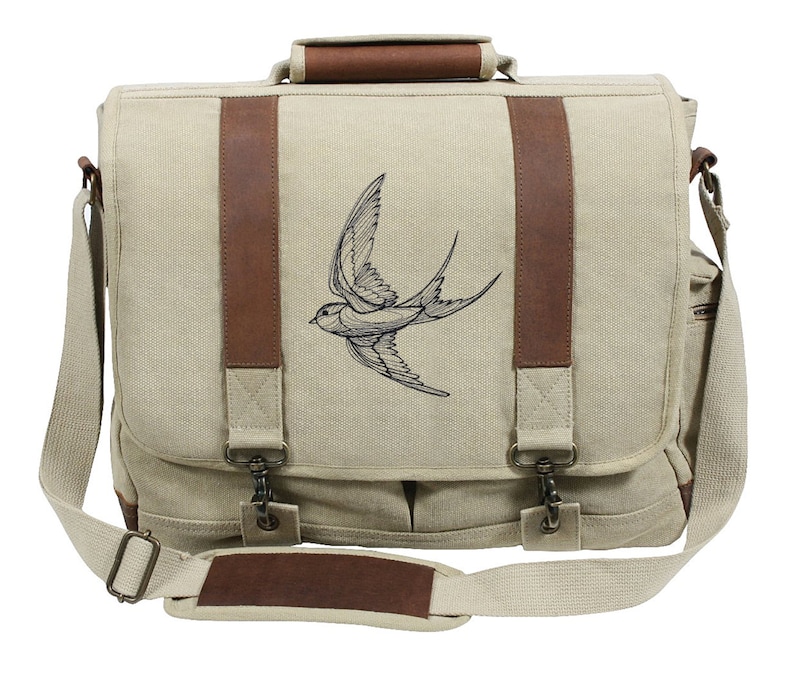 Engraved Swallow Embroidered Canvas with Leather Accents Premium Laptop Bag