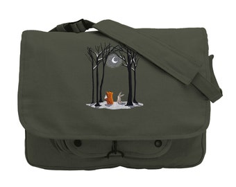 Moonlit Winter Fuchs und Hase Mond Bestickte Canvas Messenger Tasche