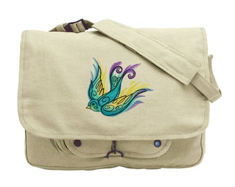 Painted Swallow Embroidered Canvas Messenger Bag