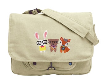 Hipster Critters Embroidered Canvas Messenger Bag