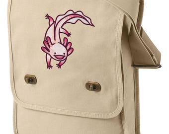 Adventurous Axolotl Embroidered Canvas Field Bag