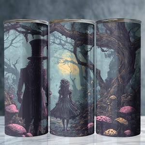 Haunted Wonderland Tumbler – 20oz Alice & Hatter Among Glowing Mushrooms | Gothic Adventure Gift