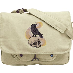 Bemalter Schädel und Rabe bestickte Messenger-Tasche aus Segeltuch