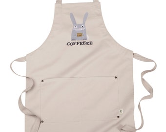 Funny Bunny Coffee Apron, Server Apron, Barista Apron, Coffee Bunny Embroidered 8 oz Organic Cotton, Recycled Polyester Apron