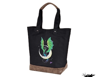 RTS Lunar Dragon Embroidered on BLACK Canvas Tote with Vegan Leather Accents