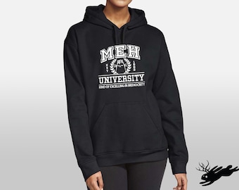 MEH University Embroidered Hoodie, Funny Pull Over Sweatshirt, Cat Black Text Hoodie