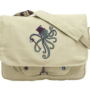 Dapper Octopus Embroidered Canvas Messenger Bag
