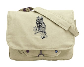 Sage Owl Embroidered Canvas Messenger Bag