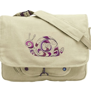 Bolsa de mensageiro de lona bordada com desenho de caracol