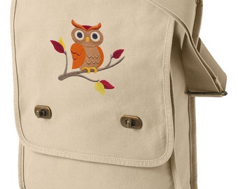 Owl Field Bag, Owl Bag, Owl Messenger Bag, Autumn Enchantment Owl Embroidered Canvas Field Bag