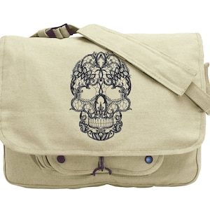 Lacy Skull Embroidered Canvas Messenger Bag
