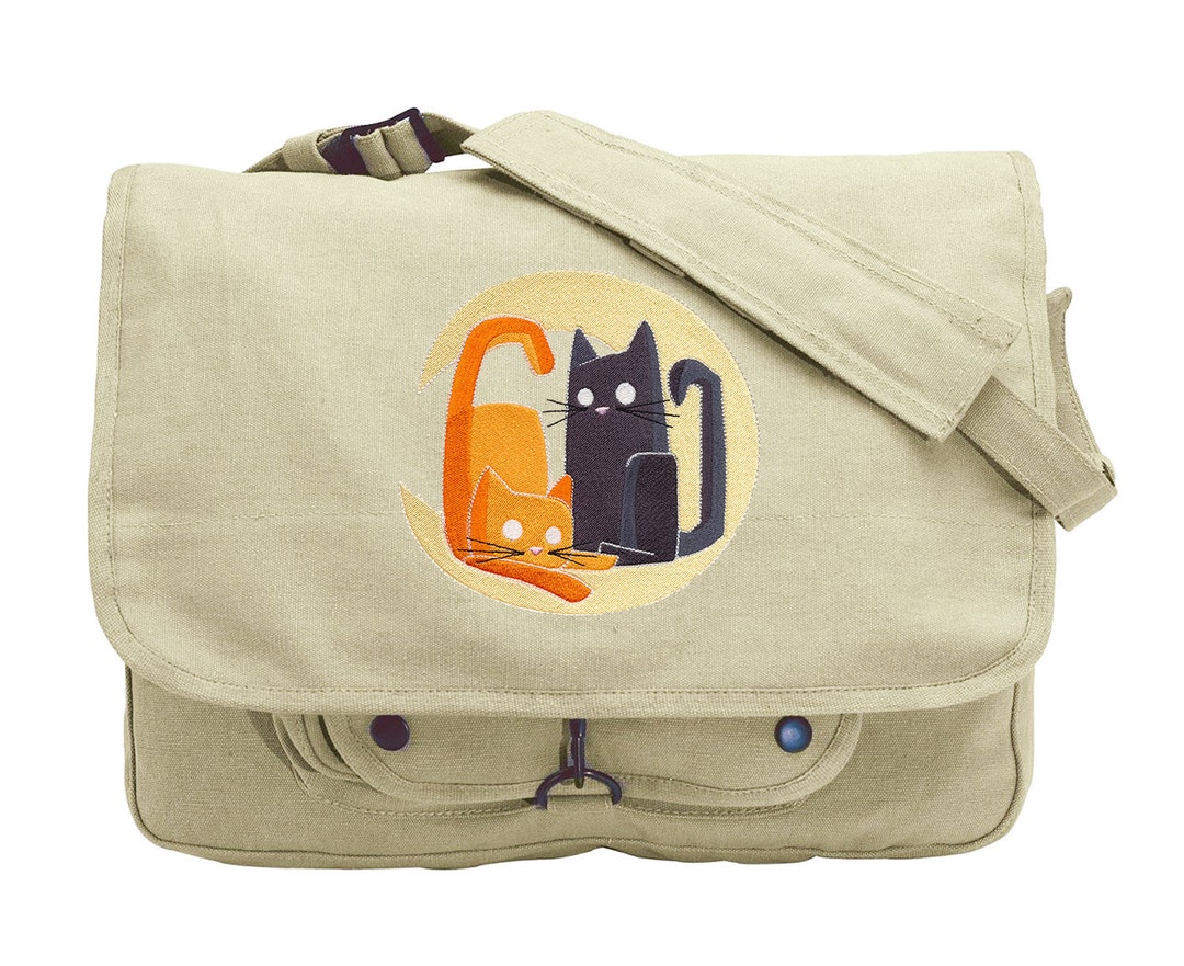 Cat Messenger Bag, Crescent Moon Kitties Embroidered Canvas Messenger