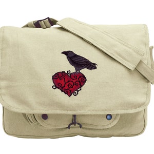 Black bird bag, Heart Bag, Crow Bag, Ravenheart Embroidered Canvas Messenger Bag
