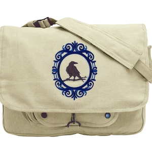 Creepy Cameo Raven Embroidered Canvas Messenger Bag