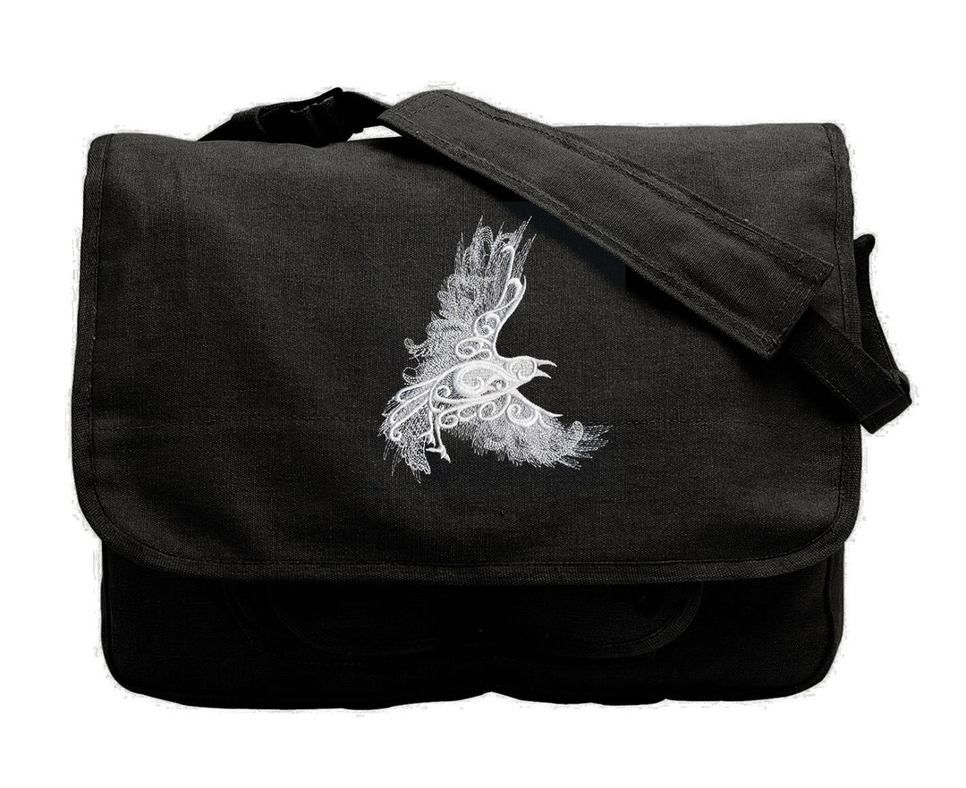 Raven Bag, Embroidered Raven Canvas Laptop Bag, Raven Messenger Bag