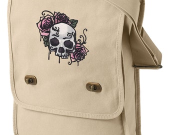 Painted Skull and Roses Embroidered Canvas Field Bag