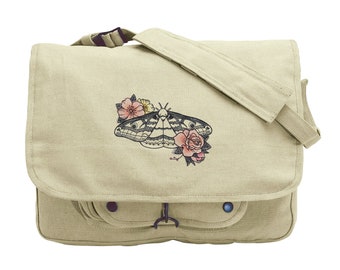 Dire Blooms - Moth Embroidered Canvas Messenger Bag